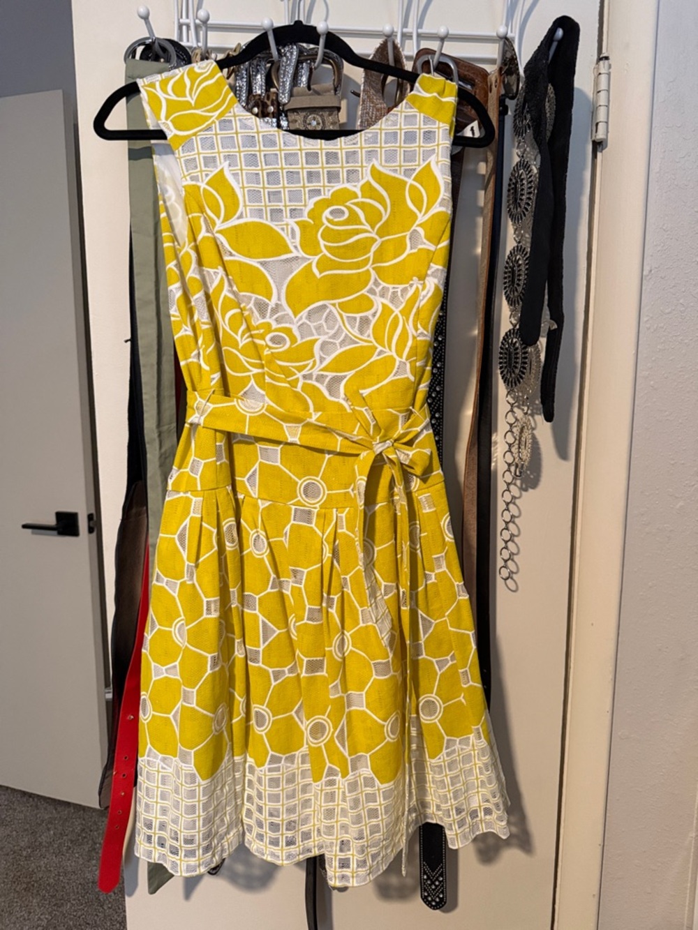 Yellow Floral Midi Dress with Self-Tie Belt